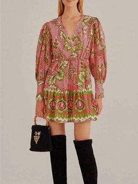 FARM Rio Pink and Green Floral V-Neck Tiered Mini Dress
